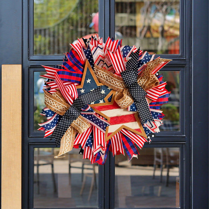 Unisex decorative door wreath in country style with wooden star, ribbons and versatile bands Kalsten
