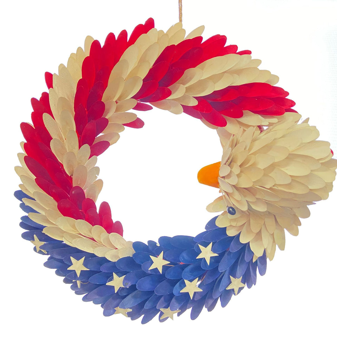 Unisex handmade decorative door wreath with eagle head and star appliqués made of wood Kalsten