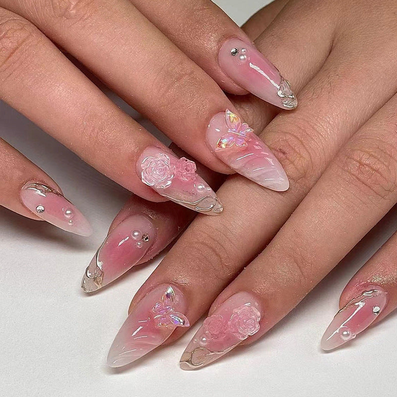 Artificial nails with delicate rose design and glitter accents Kalsten