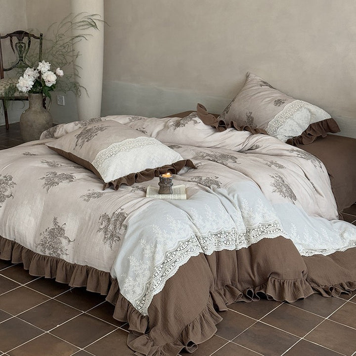 French country house bed linen set made of cotton percale with crochet lace trim
