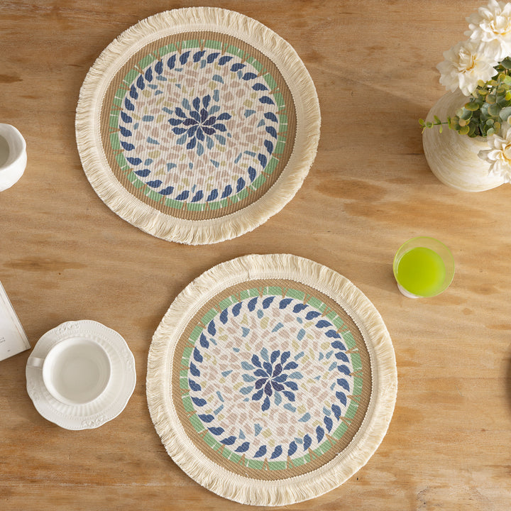 Round handmade woven decorative rug with fringes and botanical pattern Kalsten
