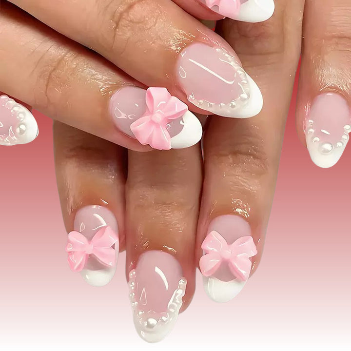 Elegant Artificial Nails with Bows and Pearl Design Kalsten