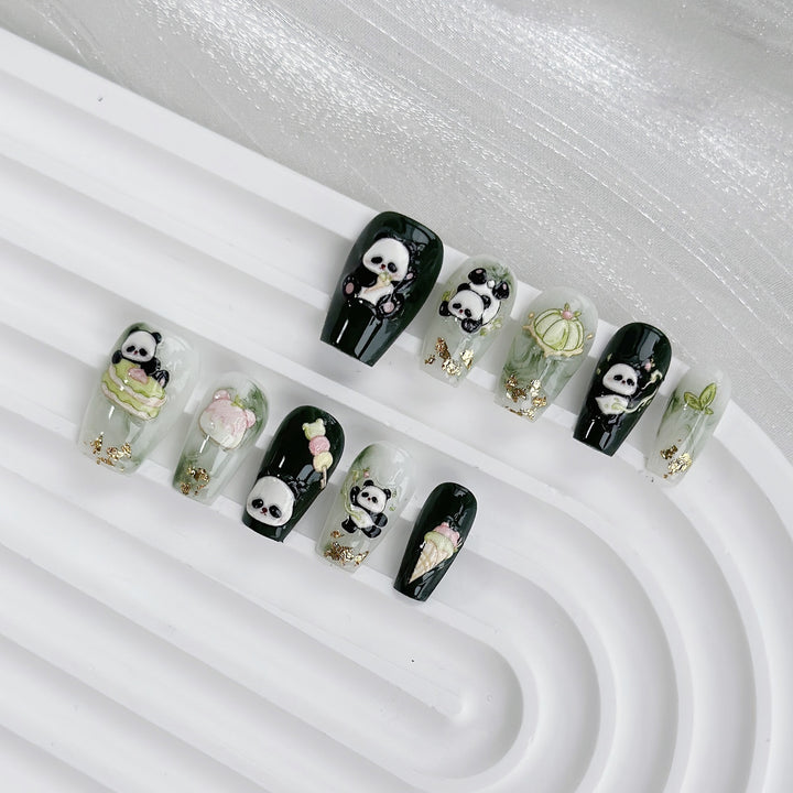 Artistic Press-On Nail Art Set with Cute Panda Designs