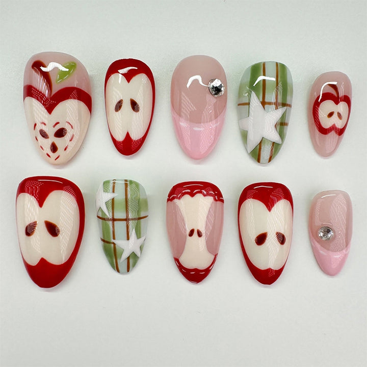 Artificial nail set with cheerful apple and star pattern Kalsten