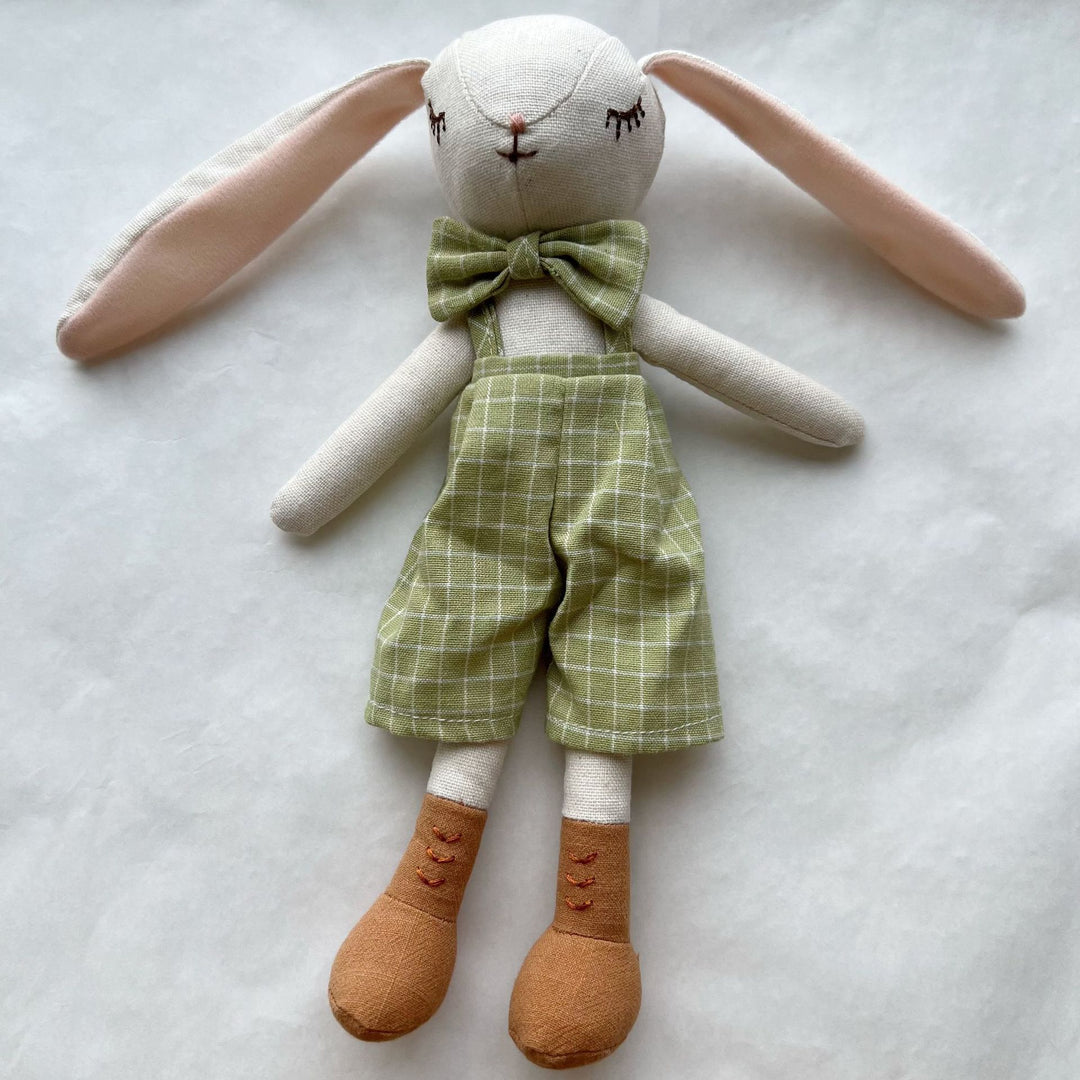 Handcrafted Long-Legged Linen Mouse Plush Doll with Striped Romper