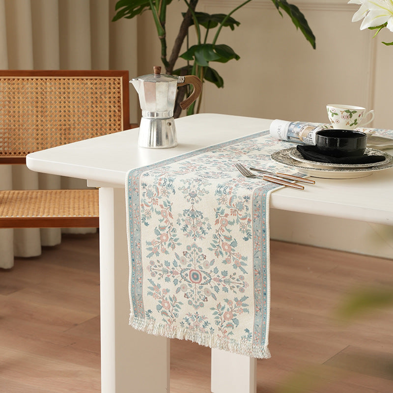 Woven jacquard table runner with floral medallion and fringes Kalsten