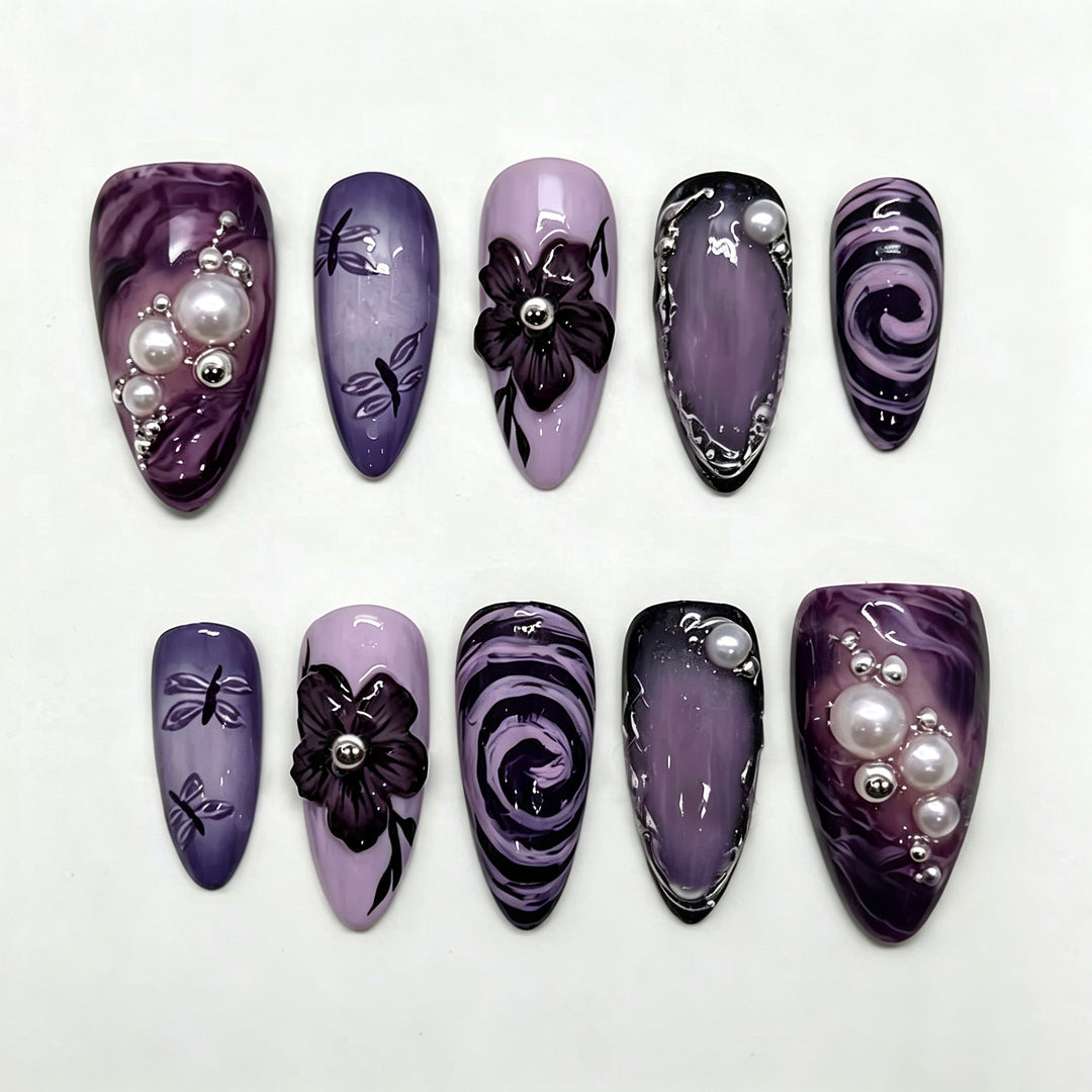 Artistic Floral & Gemstone Press-On Nail Set