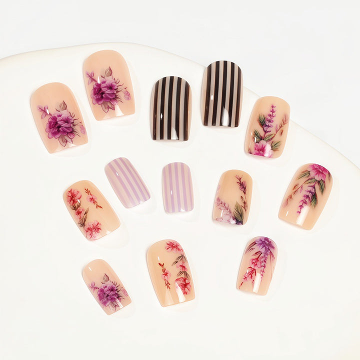 Artificial nails with floral and striped designs Kalsten