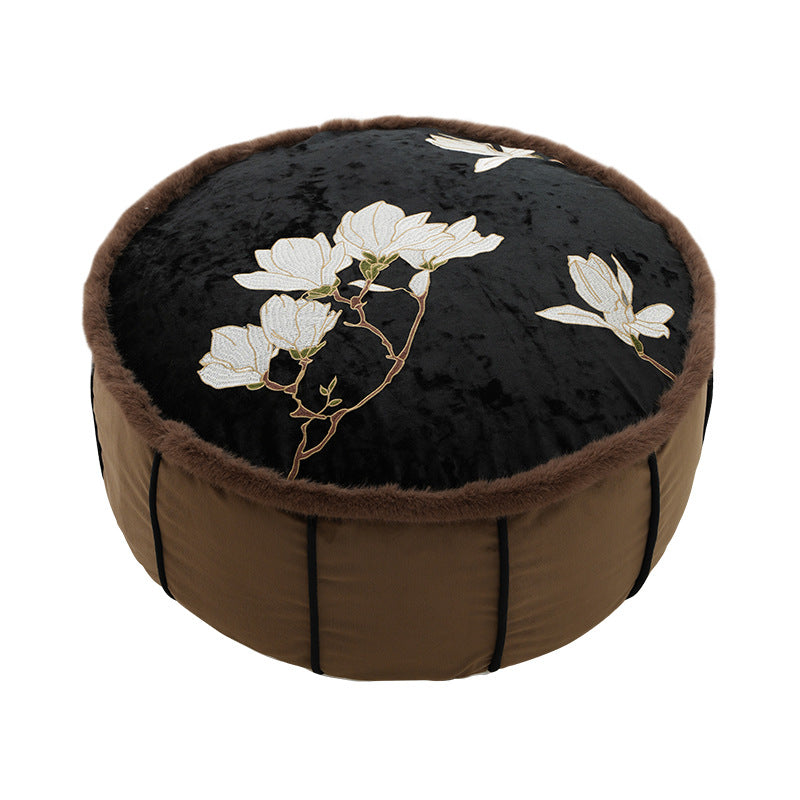 Round upholstered velvet floor cushion pouf with faux fur trim and handle Kalsten