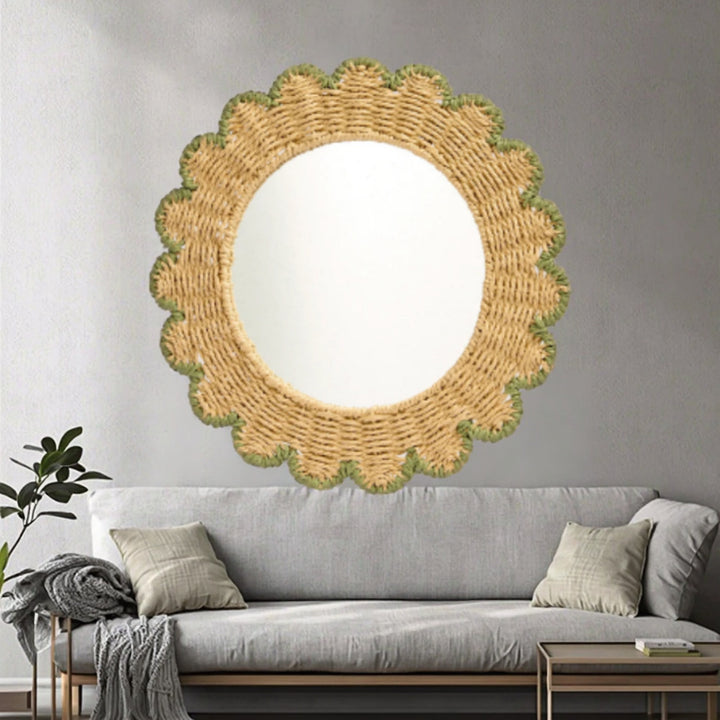 Decorative Round Wall Mirror with Natural Rattan Frame Kalsten
