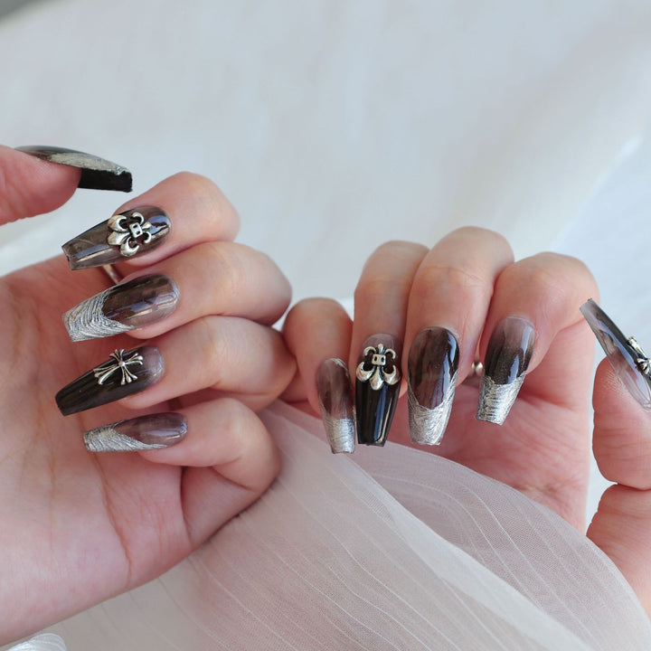 Artistic 3D Floral and Metallic Press-On Nail Set