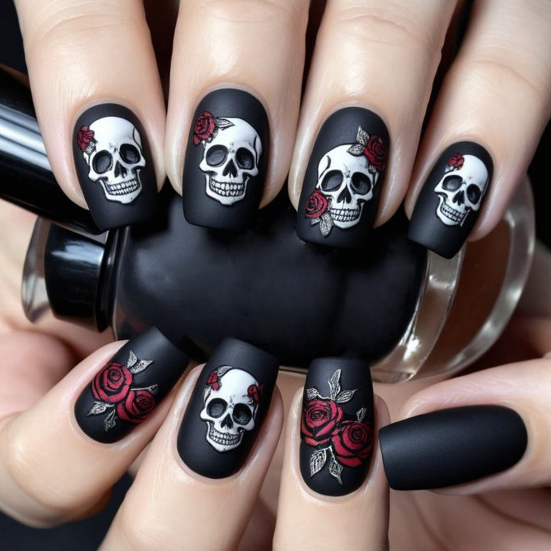 Skull and Rose Acrylic Nail Art Extensions Kalsten