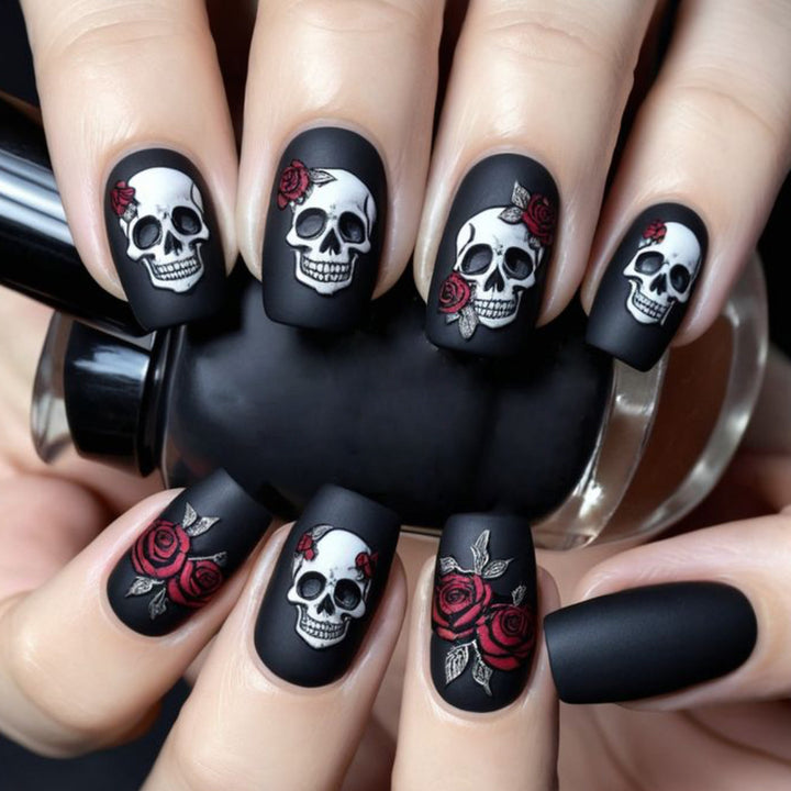 Skull and Rose Acrylic Nail Art Extensions Kalsten