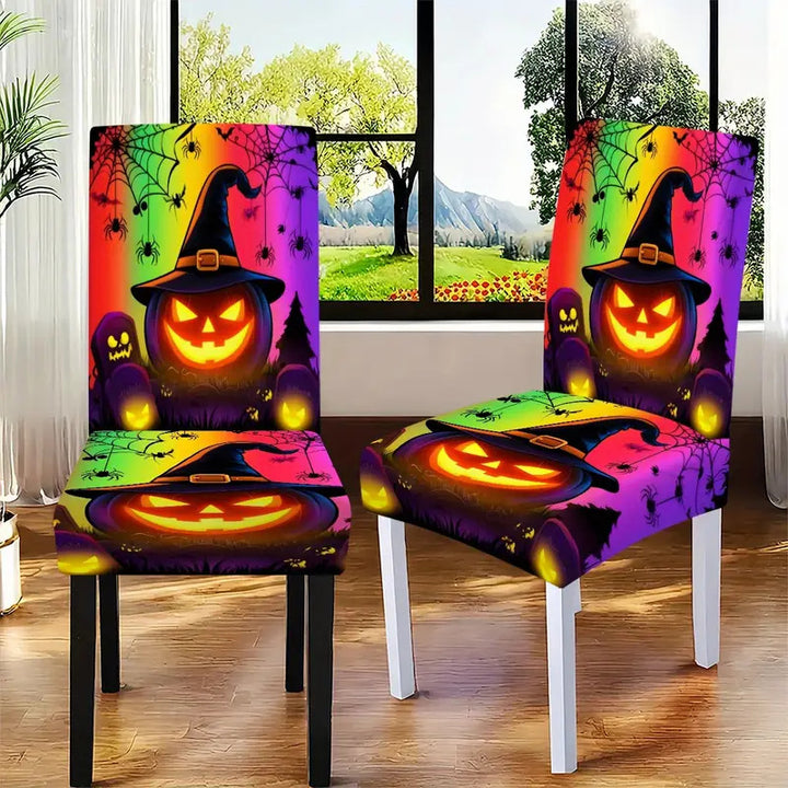 Elastic Stretch Chair Cover for High Backs with Detailed Halloween Pumpkin Print