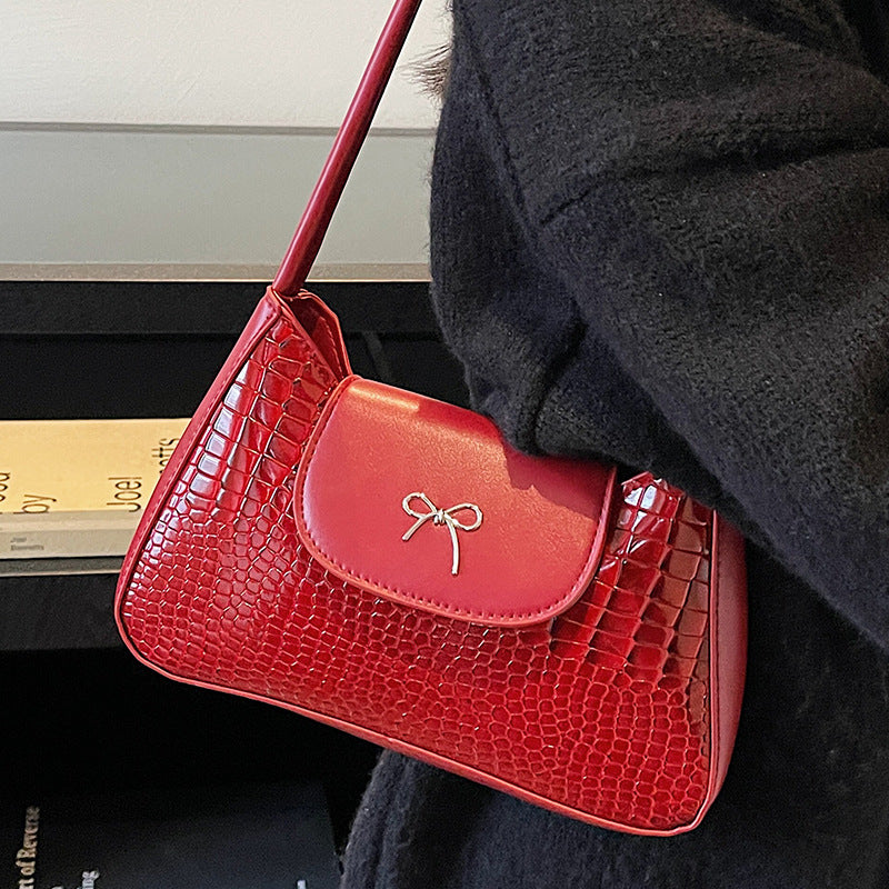 Crocodile-Textured Shoulder Handbag