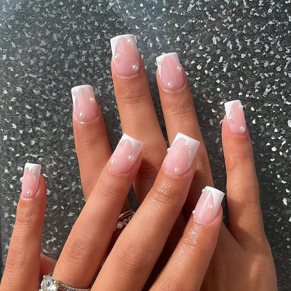 Elegant Faux French Tip Press-On Nails with Pearls Kalsten