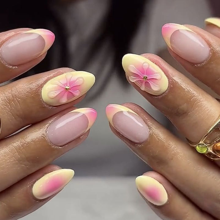 Artistic Almond-Shaped Press-On Nails with Floral Accents Kalsten