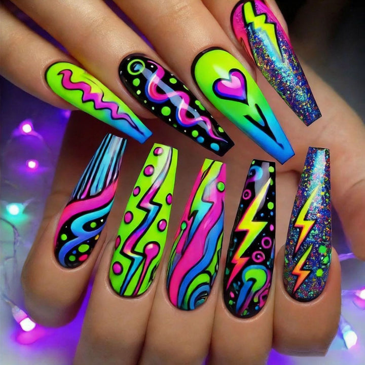 Trendy Artificial Nails In Creative Neon Design Kalsten