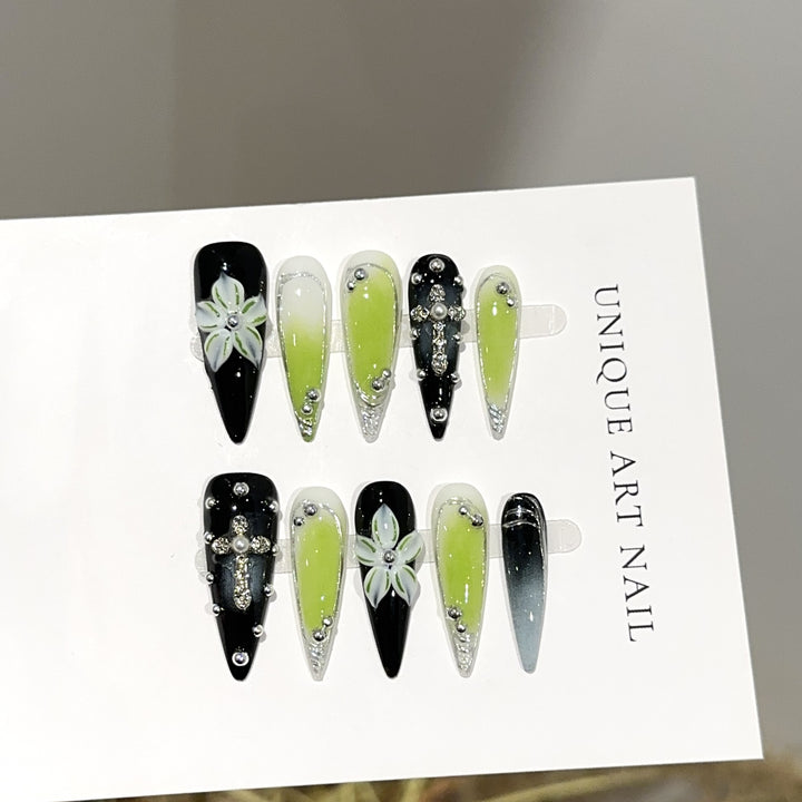 Artistic Floral and Gemstone Press-On Nail Set