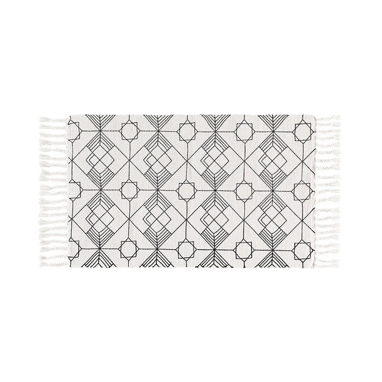Flat-woven entrance runner made of cotton blend with geometric tile pattern and fringes Kalsten