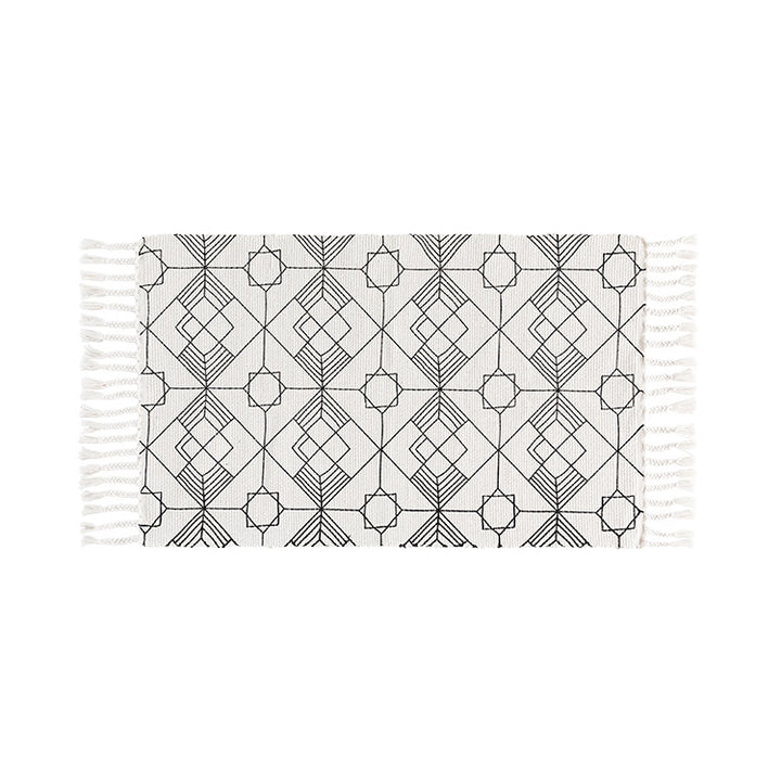 Flat-woven entrance runner made of cotton blend with geometric tile pattern and fringes Kalsten