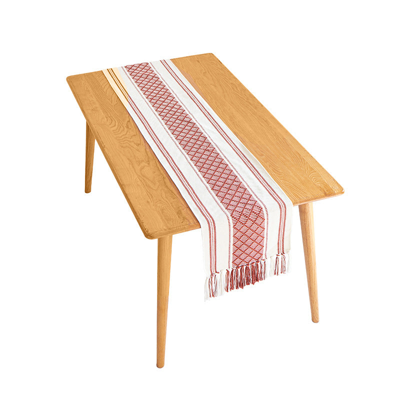 Handwoven cotton table runner with ethnic diamond pattern and fringes Kalsten