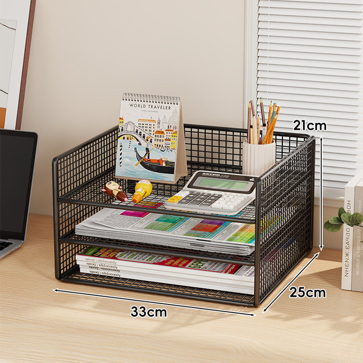 Multi-Tier Metal Mesh Desktop Document and Office Supply Organizer with Pull-Out Trays