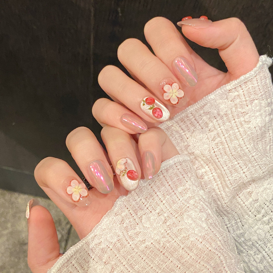 Artistic Press-On Nail Set with Floral and Berry Design