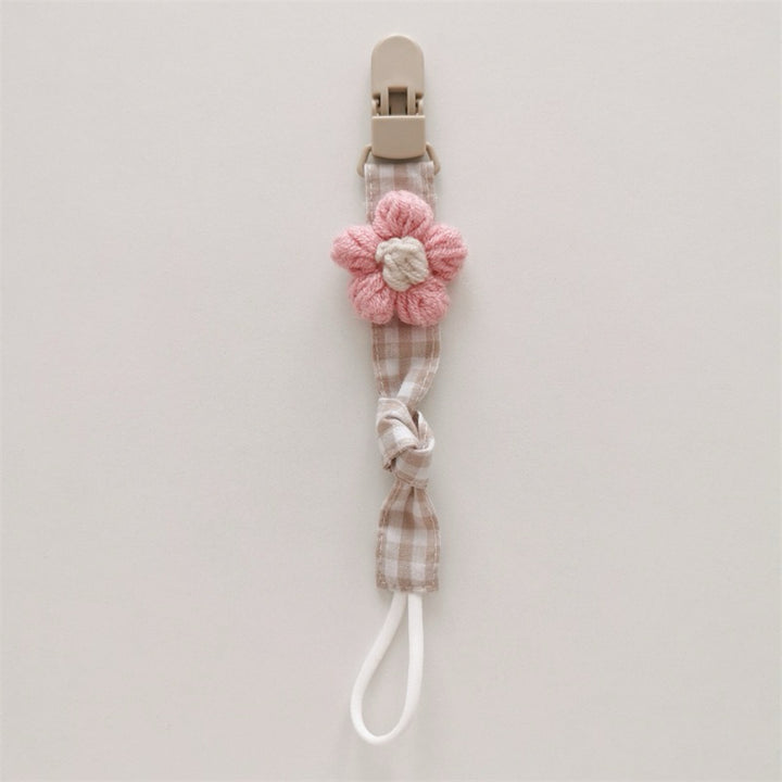 Handmade Cotton Pacifier Clip with Gingham Strap and Knitted Flower