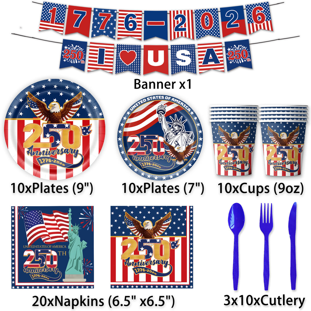 Unisex nan Patriotic Anniversary Disposable Tableware Party Kit with Stars Stripes Plates Cups Napkins Cutlery Banner Kalsten