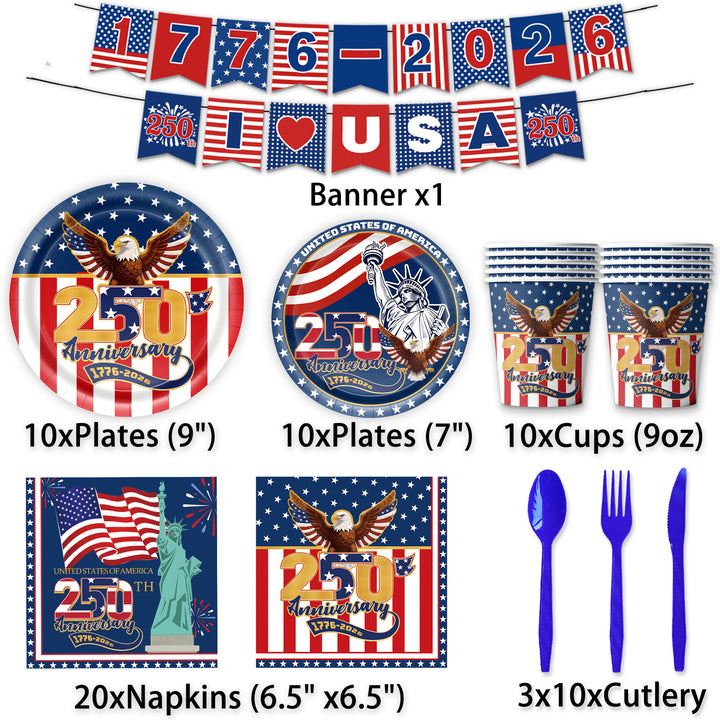 Unisex nan Patriotic Anniversary Disposable Tableware Party Kit with Stars Stripes Plates Cups Napkins Cutlery Banner Kalsten