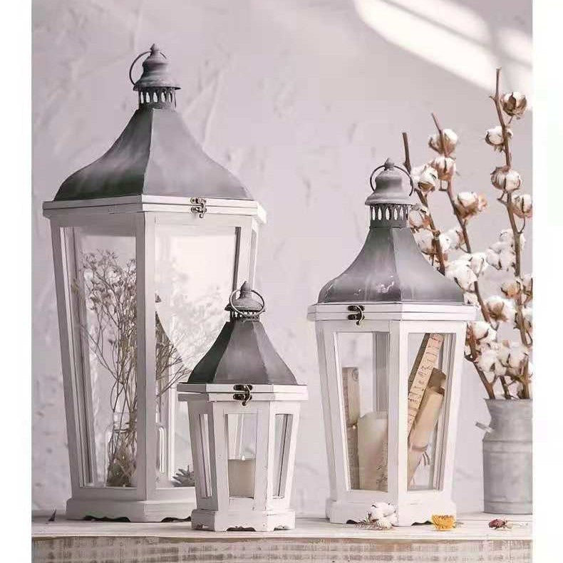 Rustic Weathered Wood and Metal Indoor Outdoor Candle Lantern Set Kalsten