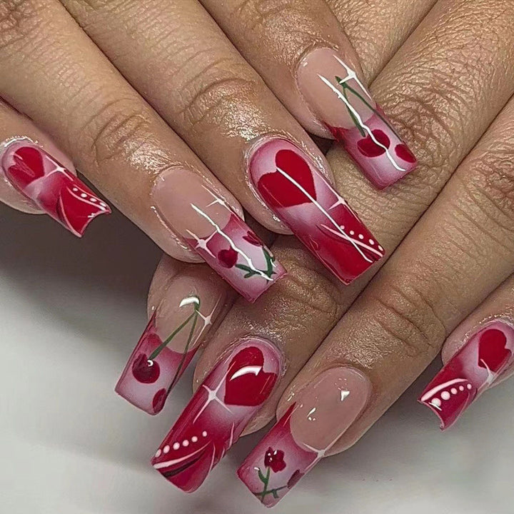 Artificial nails with romantic heart and cherry design Kalsten
