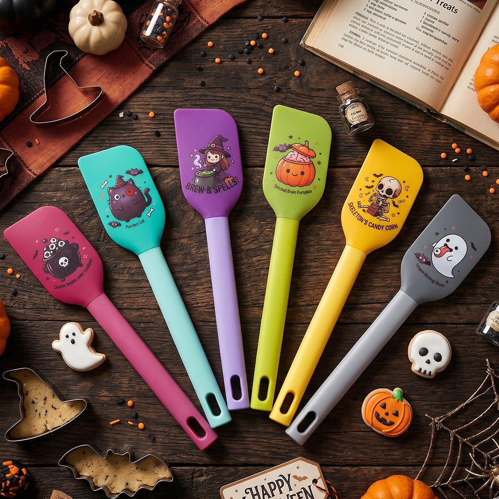 Silicone kitchen spatula with flexible scraper and child-friendly witch motif