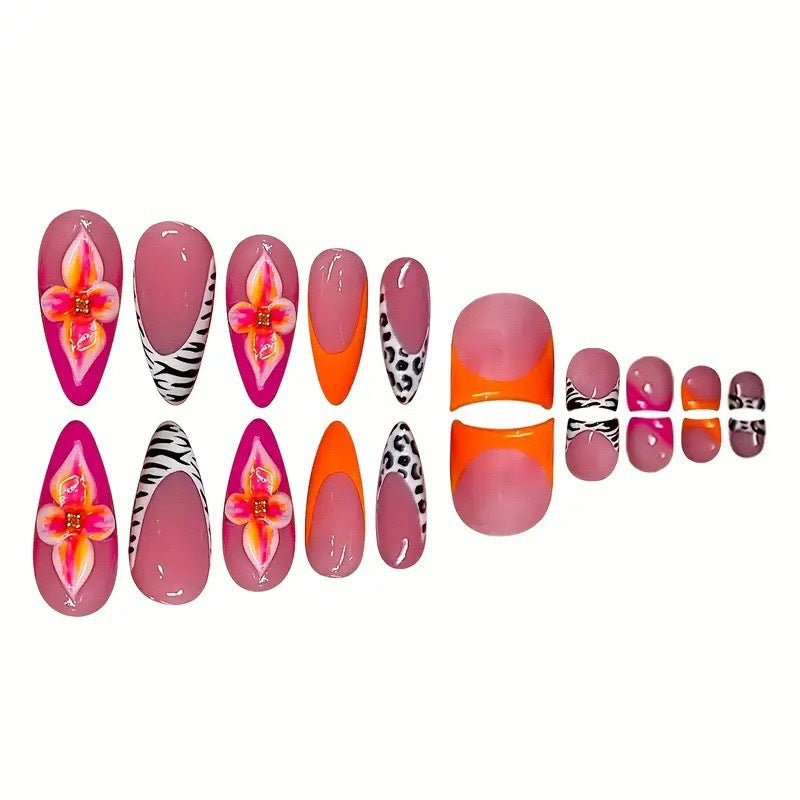Artistic Press-On Nail Set with Floral and Geometric Accents Kalsten