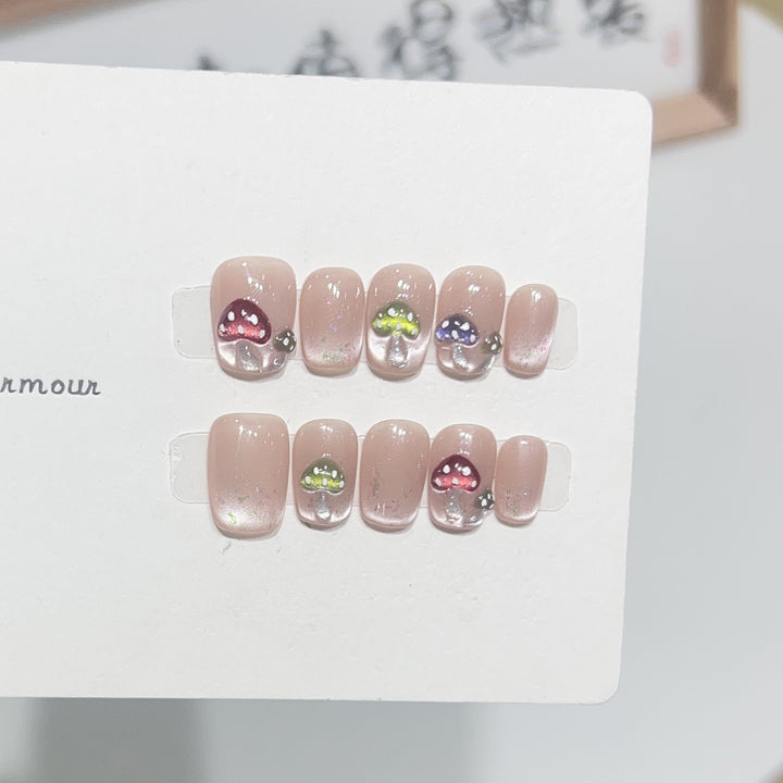 Artistic Press-On Nail Set with Playful Mushroom Designs Kalsten