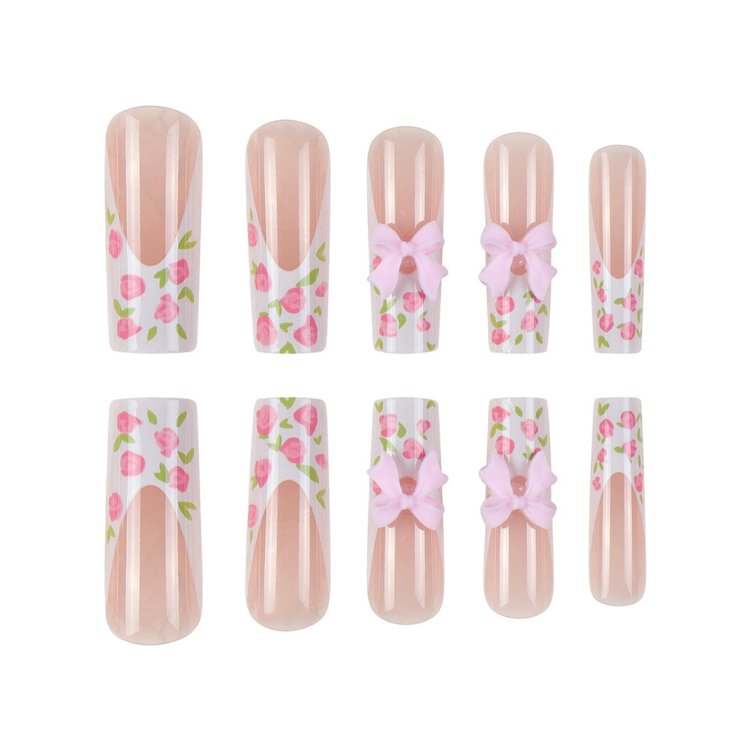 Floral Bow-Design Long Press-On Nails Kalsten