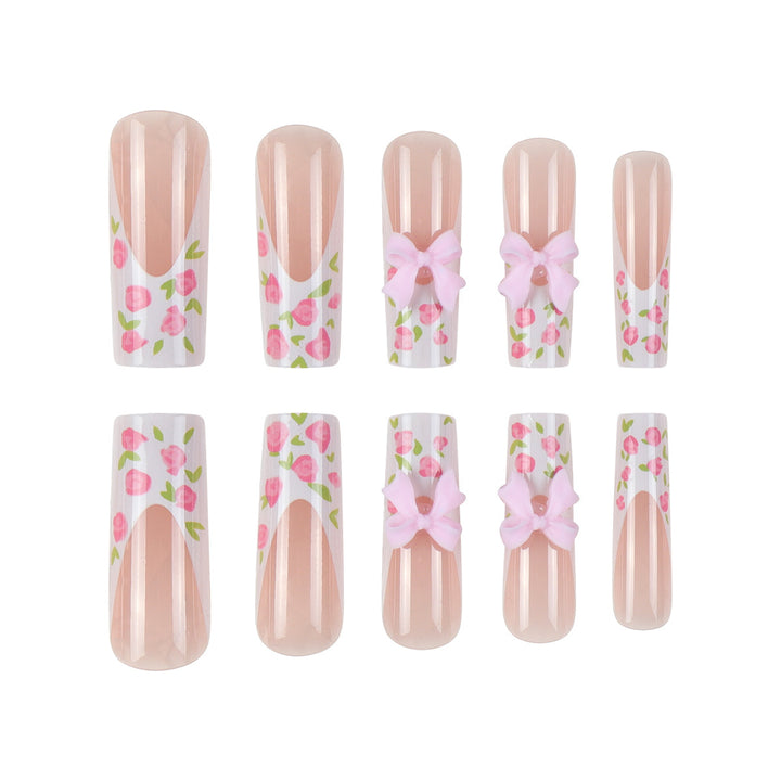 Floral Bow-Design Long Press-On Nails Kalsten