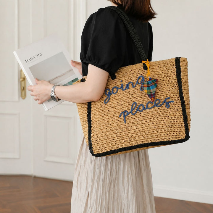 Spacious straw shopping bag with lettering Kalsten