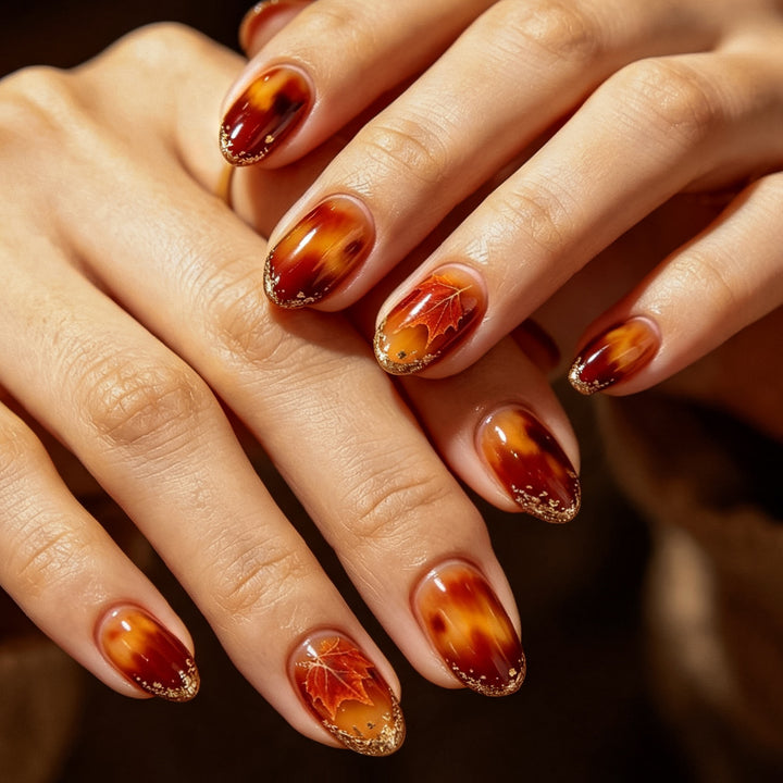 Artistic Press-On Nail Set with Autumn Leaf Design Kalsten