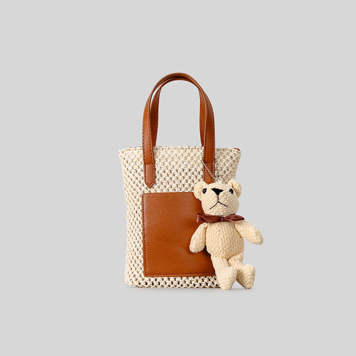 Playful Woven Tote Bag with Teddy Bear Detail