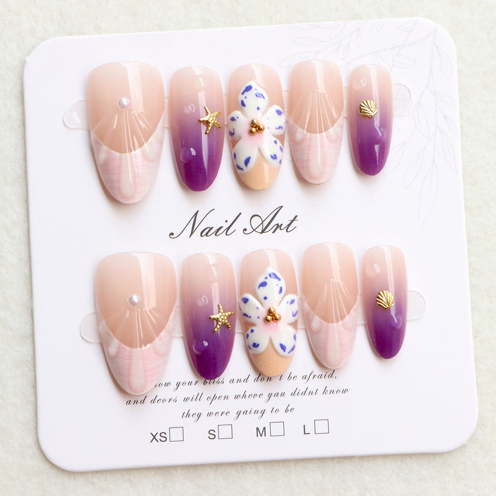 Decorative Press-On Nail Art Set with Floral and Ocean Themes Kalsten