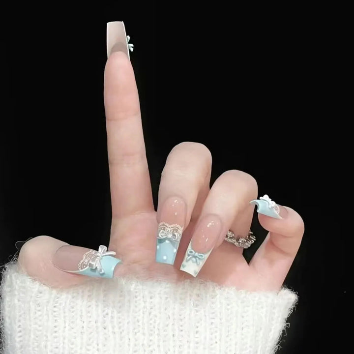 Decorative Press-On Nail Set with Ribbon Accents Kalsten