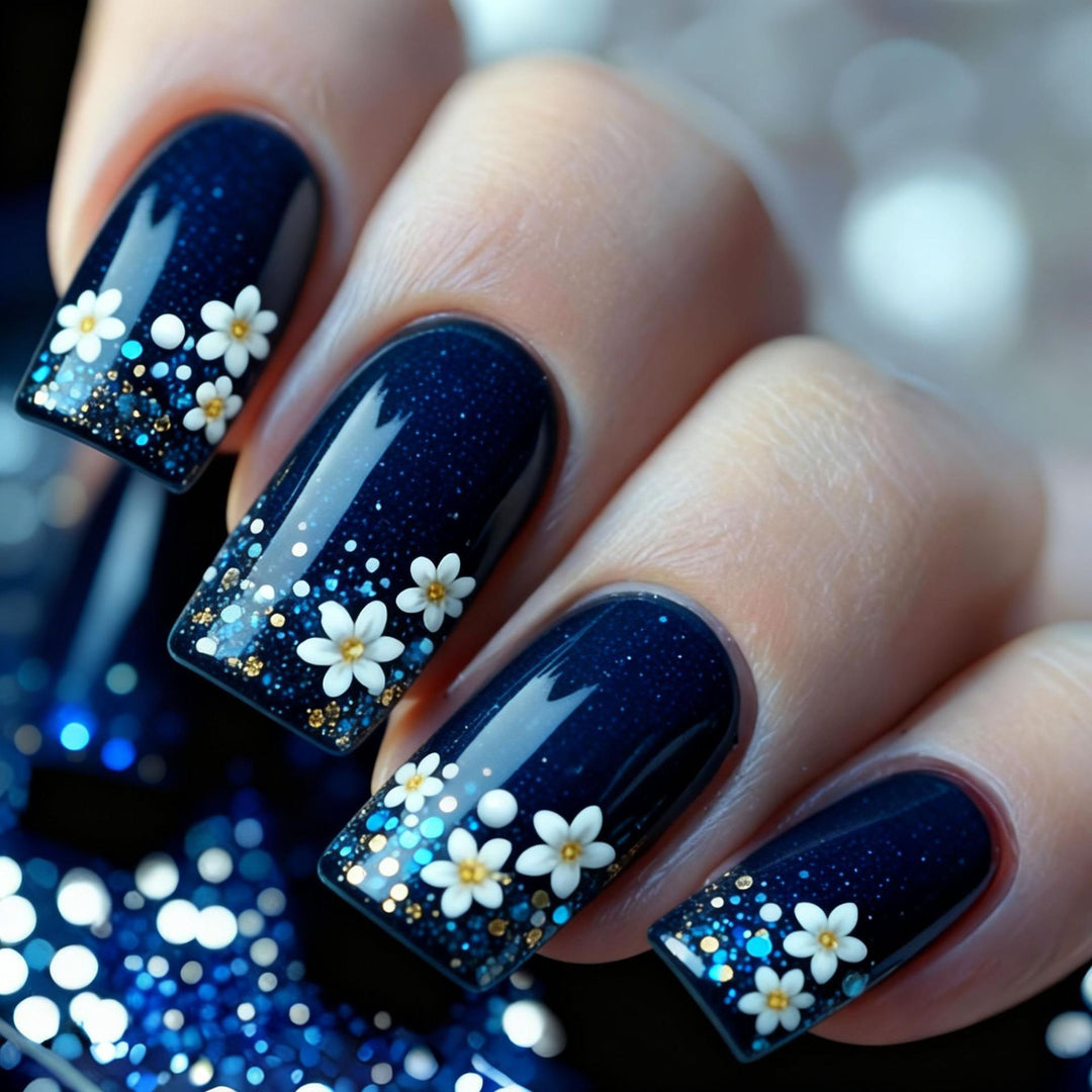 Acrylic nail set with elegant flower design and glitter accents Kalsten