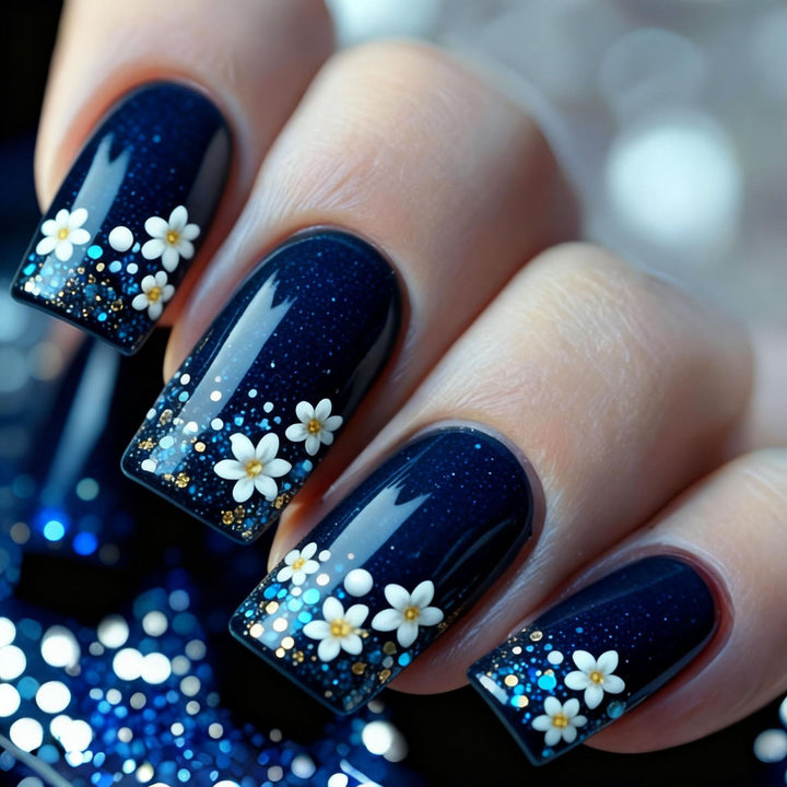 Acrylic nail set with elegant flower design and glitter accents Kalsten