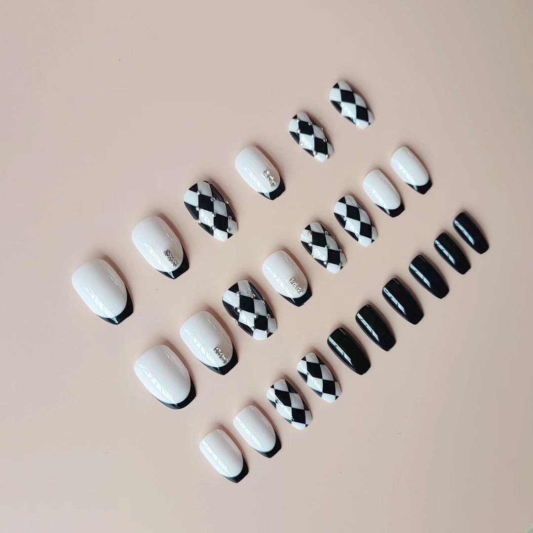 Acrylic Nail Set with Creative Checkerboard Design and Sparkling Accents Kalsten