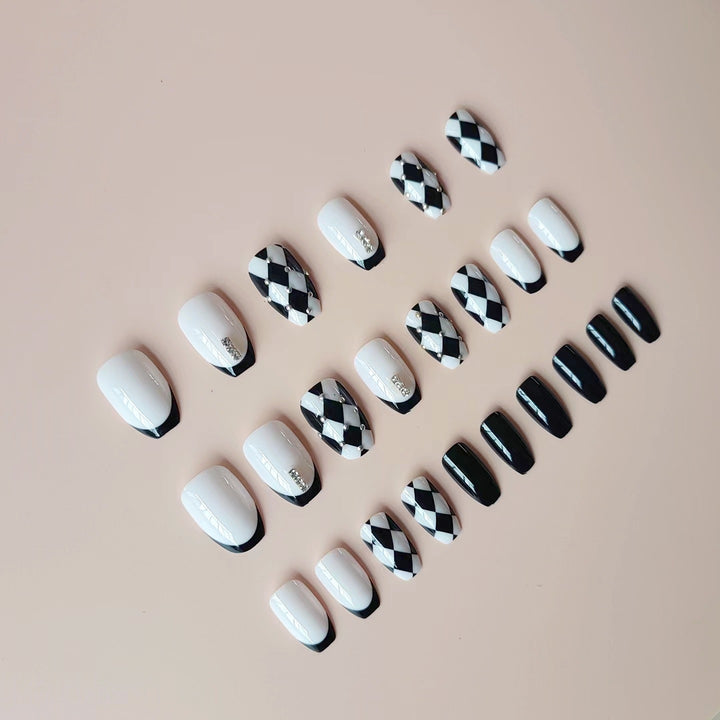 Acrylic Nail Set with Creative Checkerboard Design and Sparkling Accents Kalsten