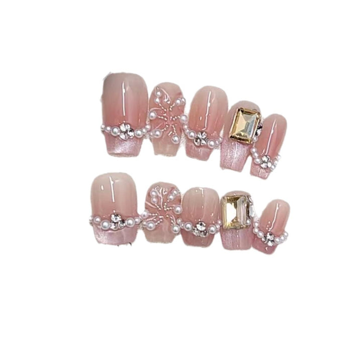 Elegant Press-On Nail Art Set with Pearl and Rhinestone Accents Kalsten