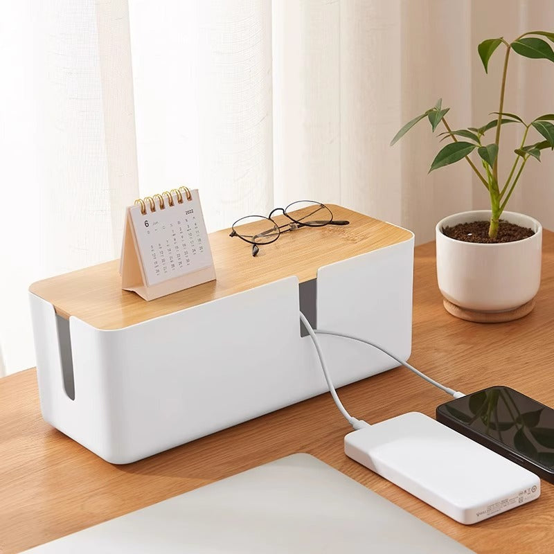 Cable storage box with bamboo lid and socket concealment