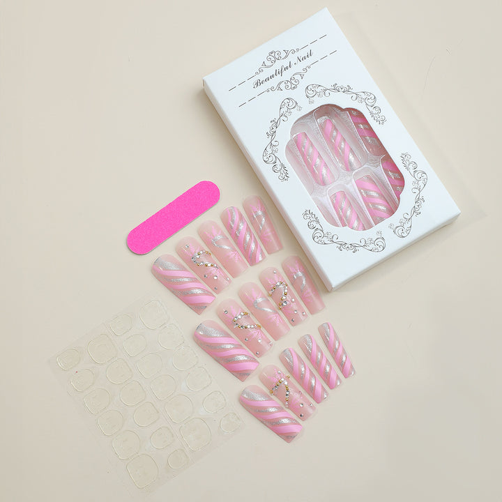 Decorative Press-On Nail Set with Exquisite Glitter Ribbon Design kalsten
